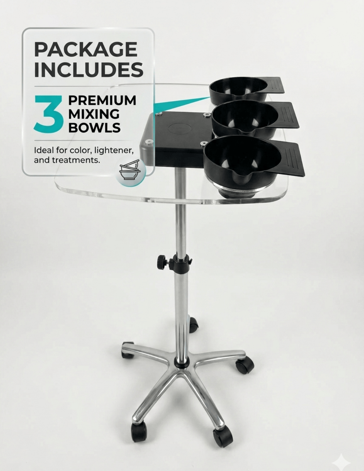 Transparent Tray Trolley for Barbers & Hairdressers – Height Adjustable with Mixing Bowls and Aluminum Base