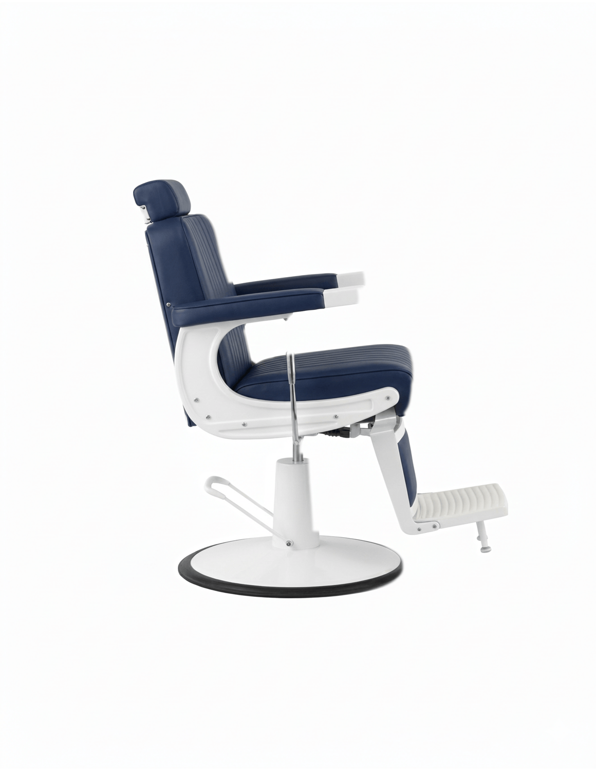 New School Barberstuhl in Marineblau mit weißem Rahmen – moderner Friseur- und Barberstuhl mit stilvollem Design und hohem Sitzkomfort für den Salon.