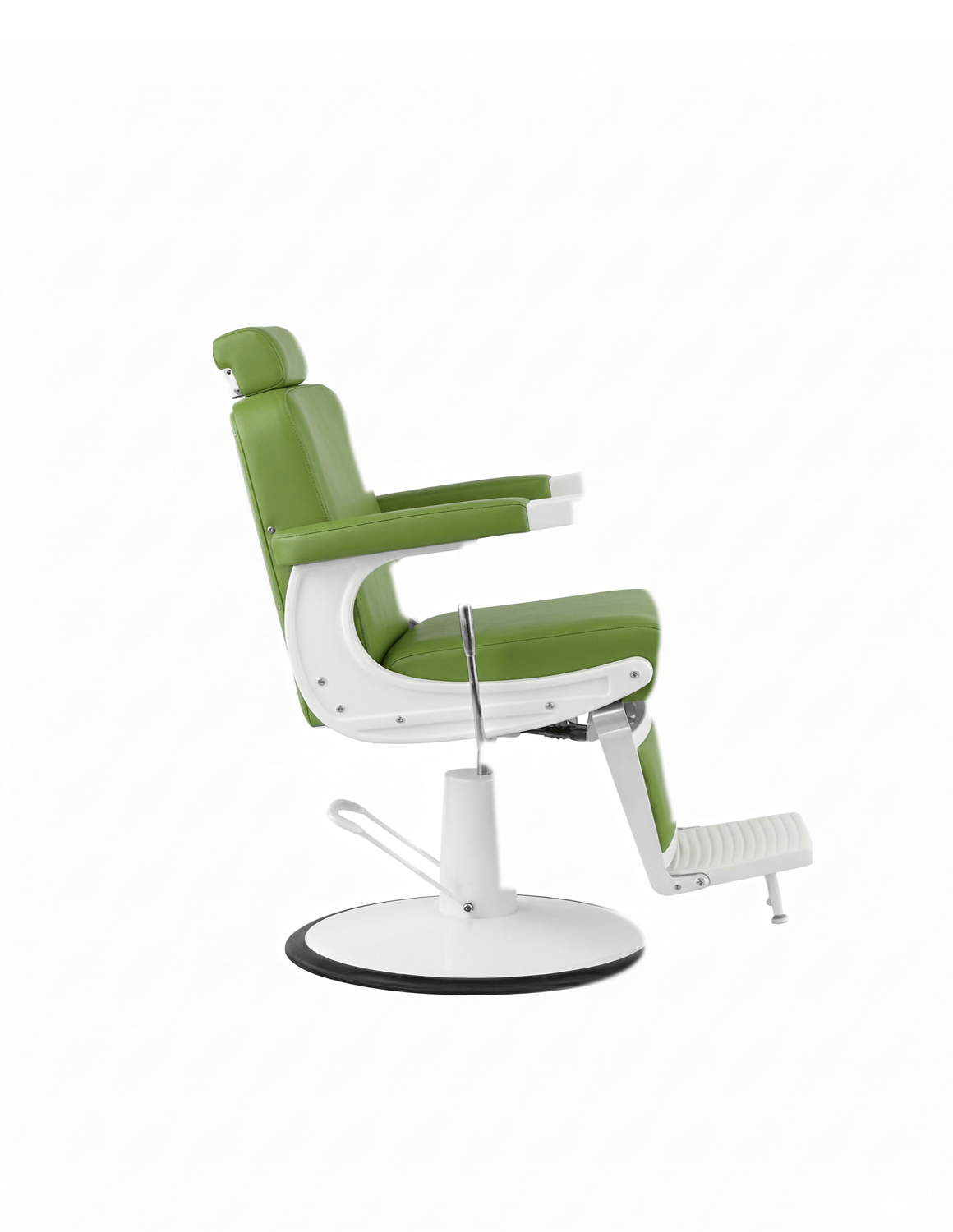 New School Barberstuhl in Grün mit weißem Rahmen – moderner Friseur- und Barberstuhl mit elegantem Design und hohem Sitzkomfort für professionelle Salons.