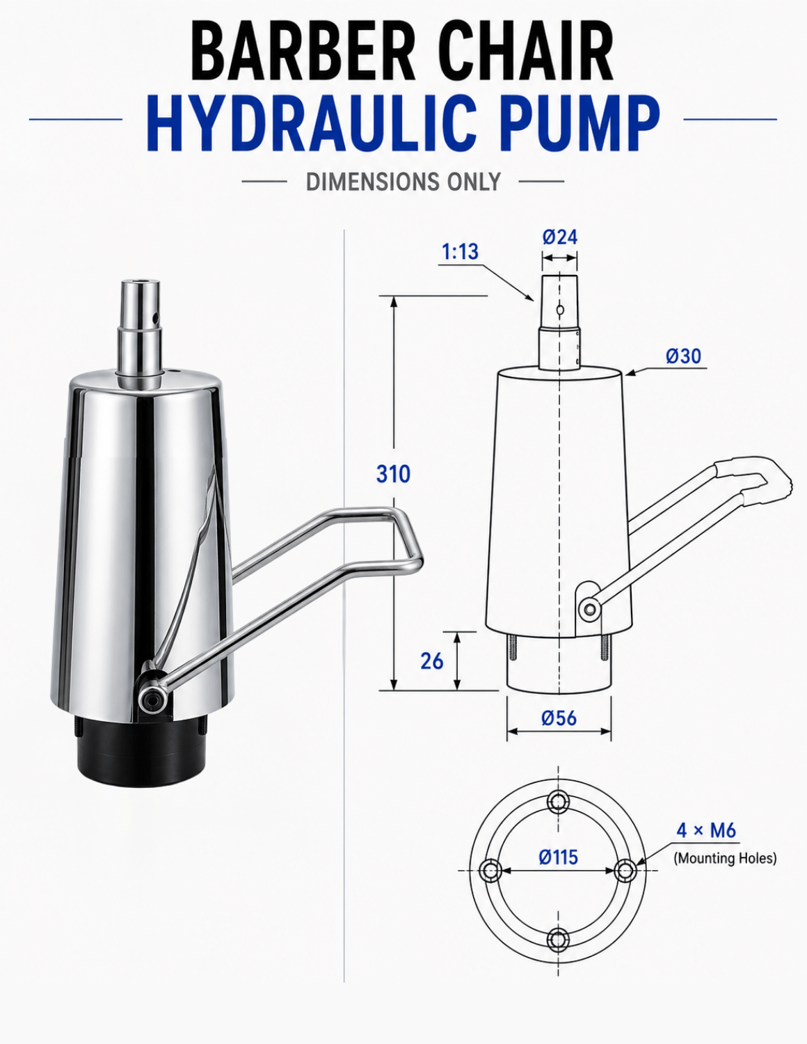 Hydraulická pumpa pro barber a kadeřnické křeslo | Univerzální náhradní hydraulický válec se zdvihem 140 mm