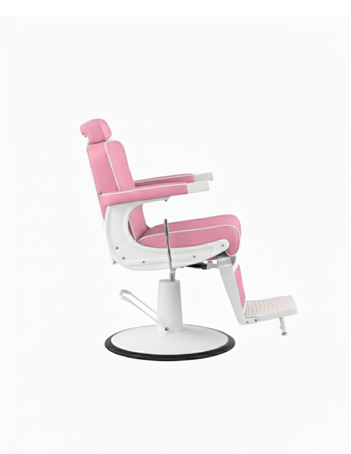 New School Barberstuhl in Pink mit weißem Rahmen – moderner Friseur- und Barberstuhl mit auffälligem Design und hohem Sitzkomfort für Barbershops und Salons.