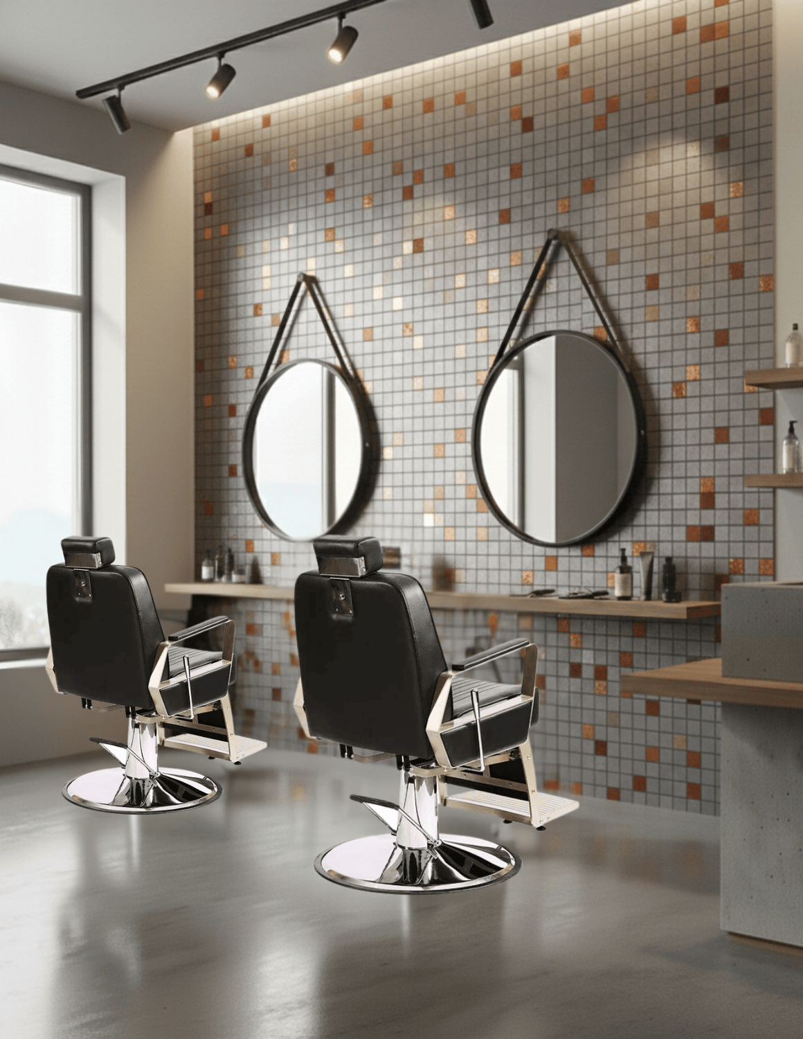 Dekorative selbstklebende Metallwandfliesen – stilvolle Wandverkleidung für Friseursalons, Barbershops und Kosmetikstudios mit modernem Design.