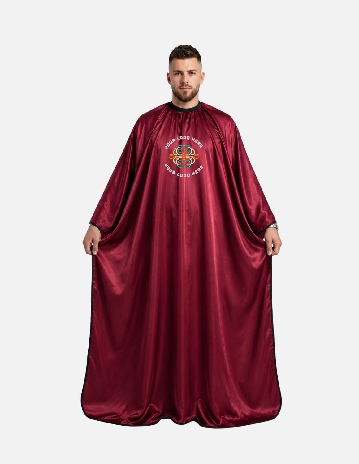 Premium satinbarberkappa med kimono-armöppningar och sidenlook – Broderad med din logotyp | Frisörkappa & satinkappa