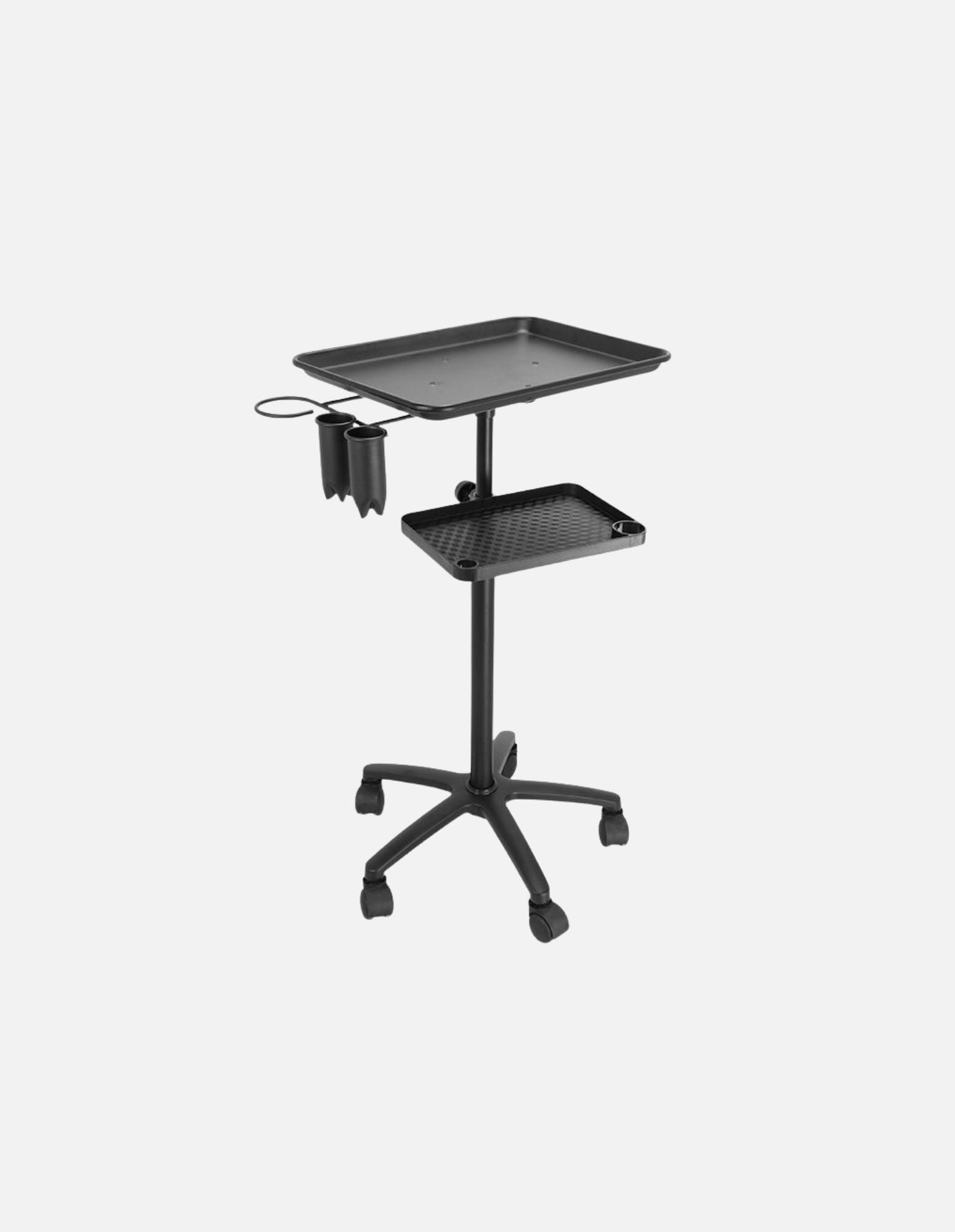 Premium Aluminum Service Tray Station – Black Edition z aluminijastim podstavkom nastavljive višine – mobilna delovna postaja za salone in barber shope