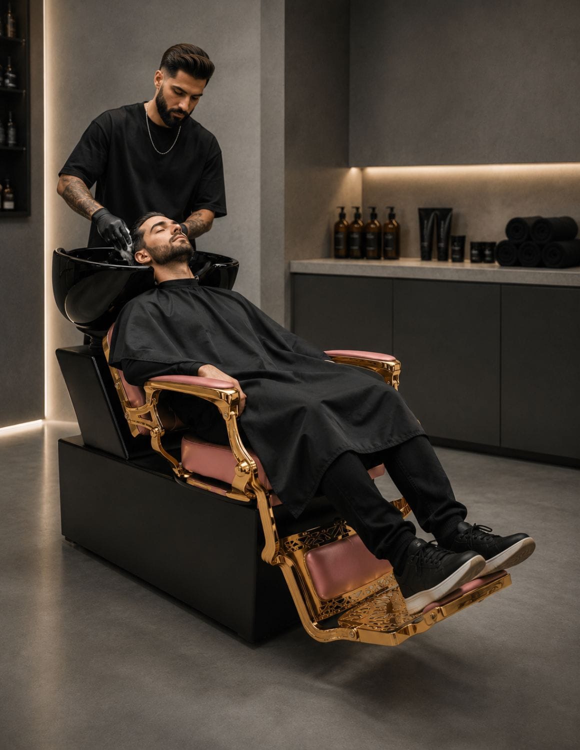 Zakázkové holičské mycí křeslo s černým keramickým umyvadlem | Luxusní personalizovaná mycí jednotka pro profesionální barbershopy a kadeřnické salony