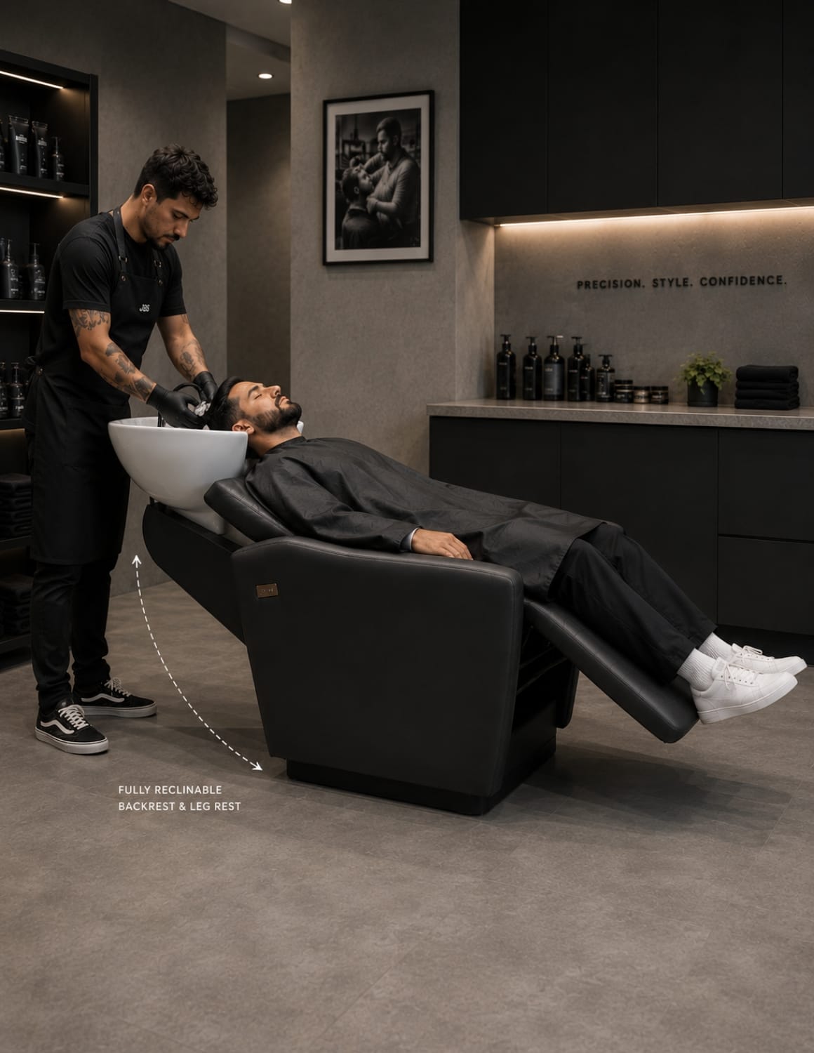 Harmony — Sillón negro de lavado para peluquería con respaldo eléctrico y función de masaje | Lavacabezas trasero y estación de lavado para salones de peluquería, barberías y spas
