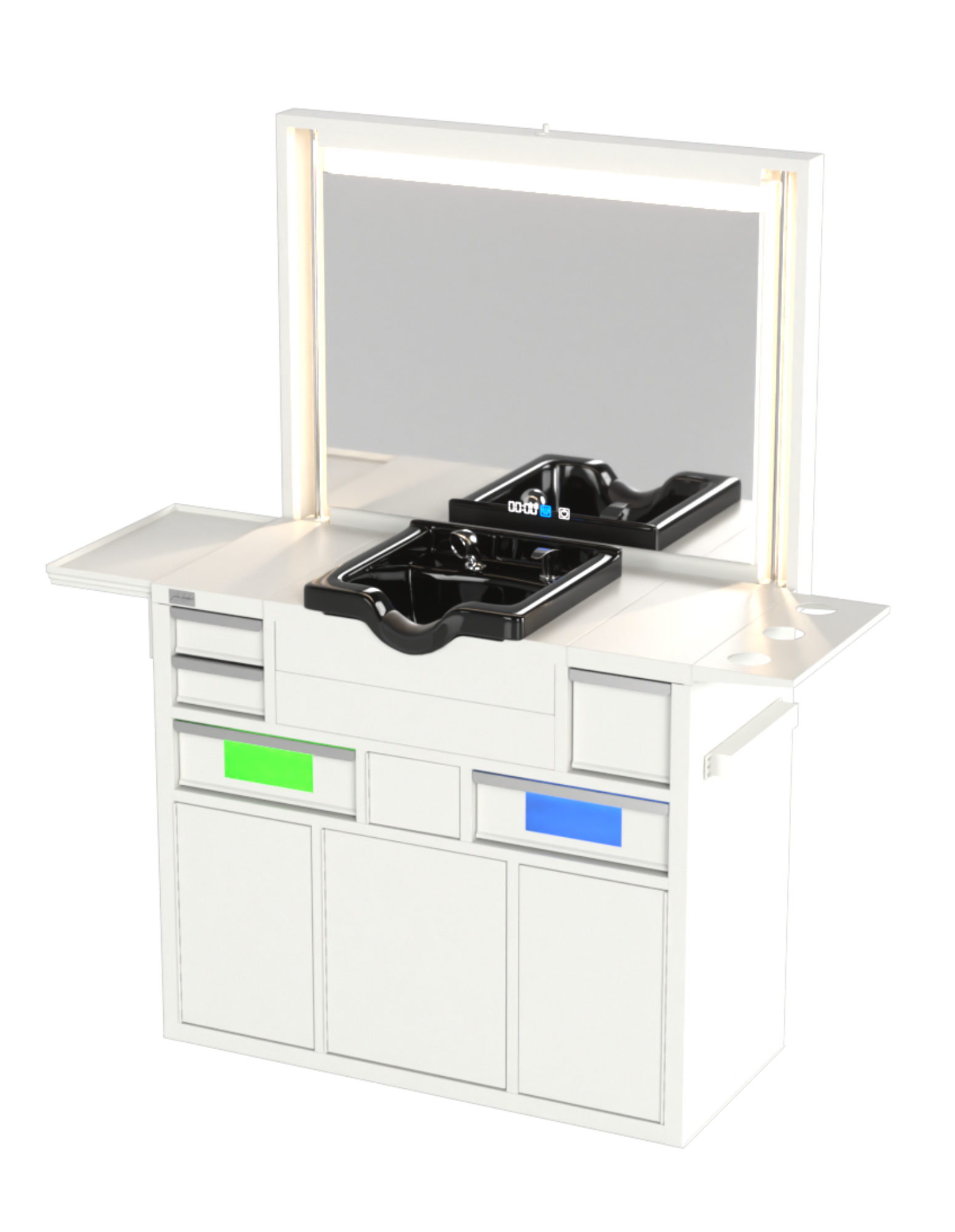 Berber Çalışma İstasyonu "Evolution" – Altı Renk Seçeneği ile Çalışma Alanı – UV Dezenfeksiyon – Lavabo – LED Işıklı Ayna