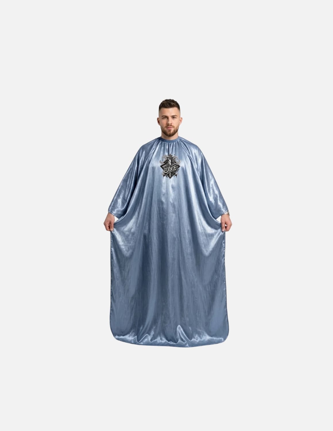 Premium satinbarberkappa med kimono-armöppningar och sidenlook – Broderad med din logotyp | Frisörkappa & satinkappa