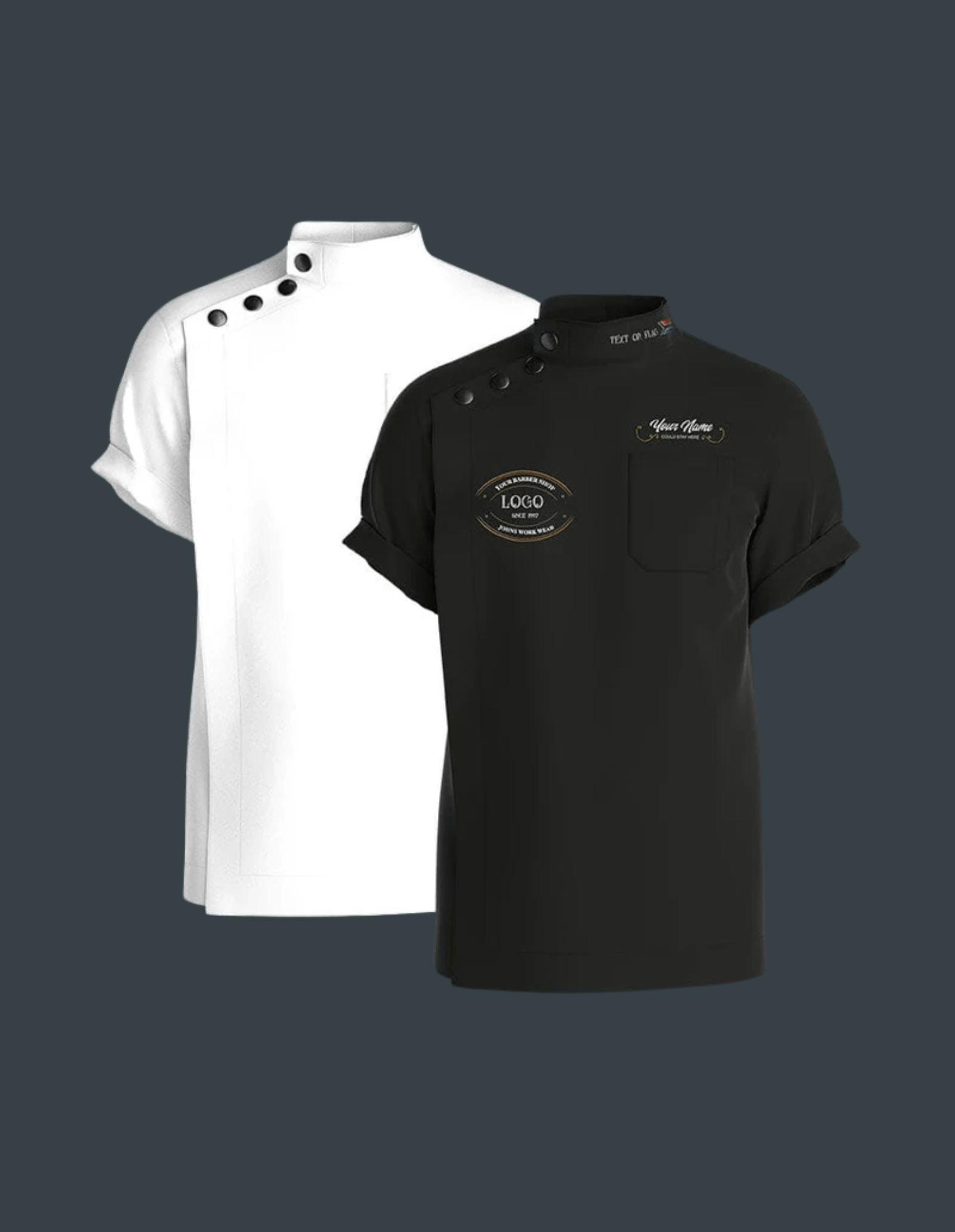 Veste de Barbier à Manches Courtes avec Boutons Latéraux – Haut Uniforme pour Coiffeurs, Logo Personnalisable