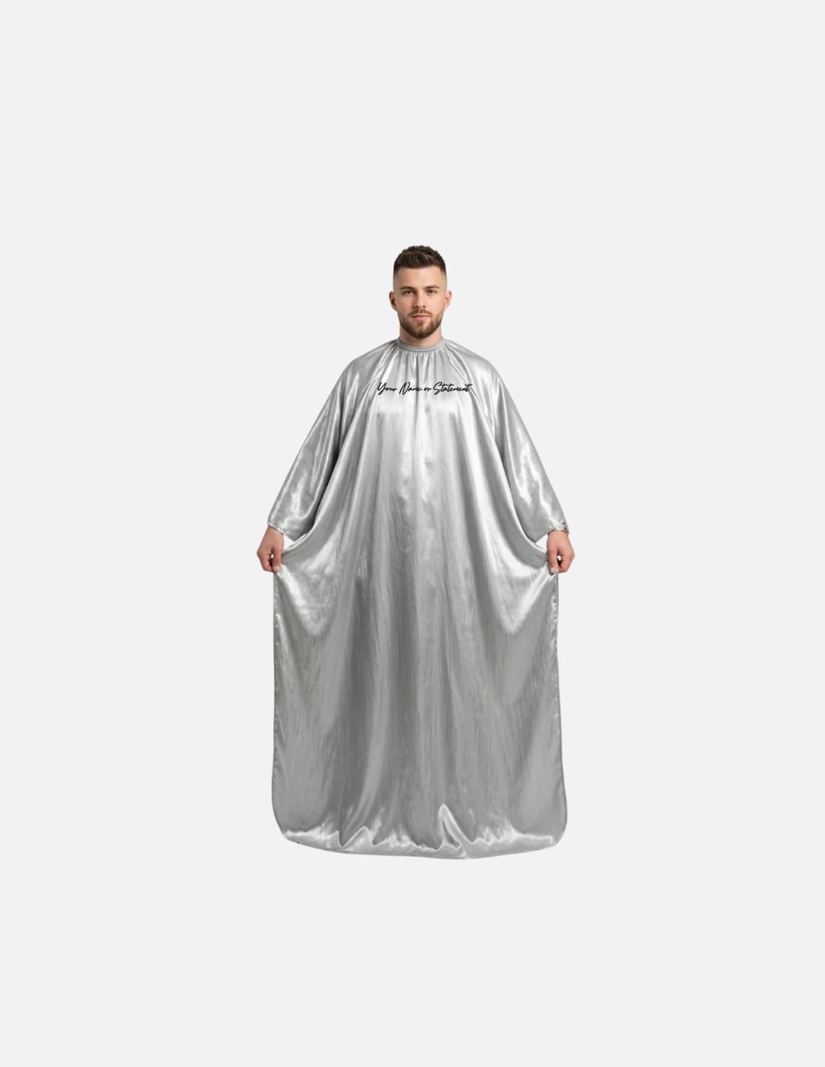 Premium satinbarberkappa med kimono-armöppningar och sidenlook – Broderad med din logotyp | Frisörkappa & satinkappa