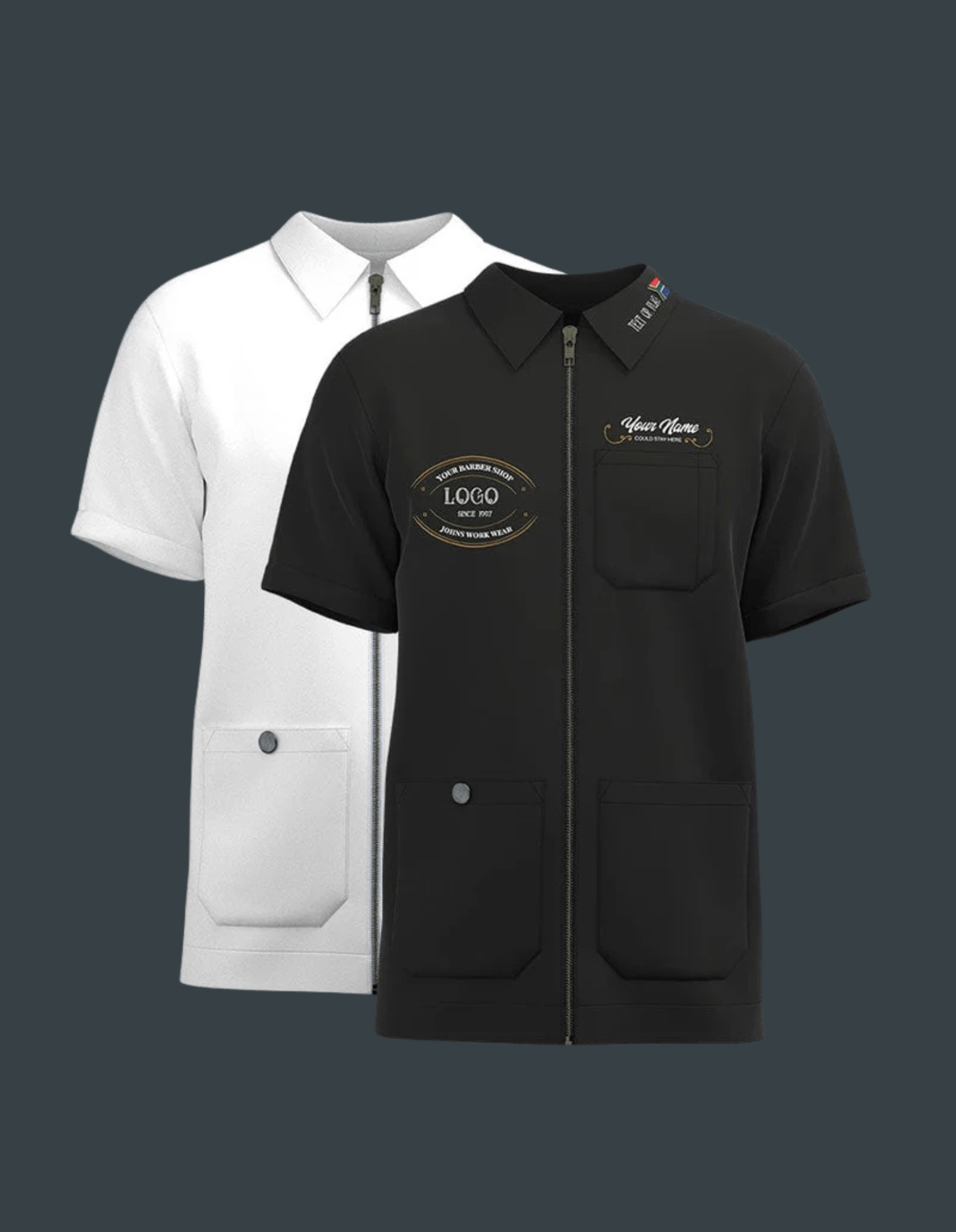 Veste Barber à Fermeture Éclair Manches Courtes – Uniforme Professionnel de Coiffeur avec Logo