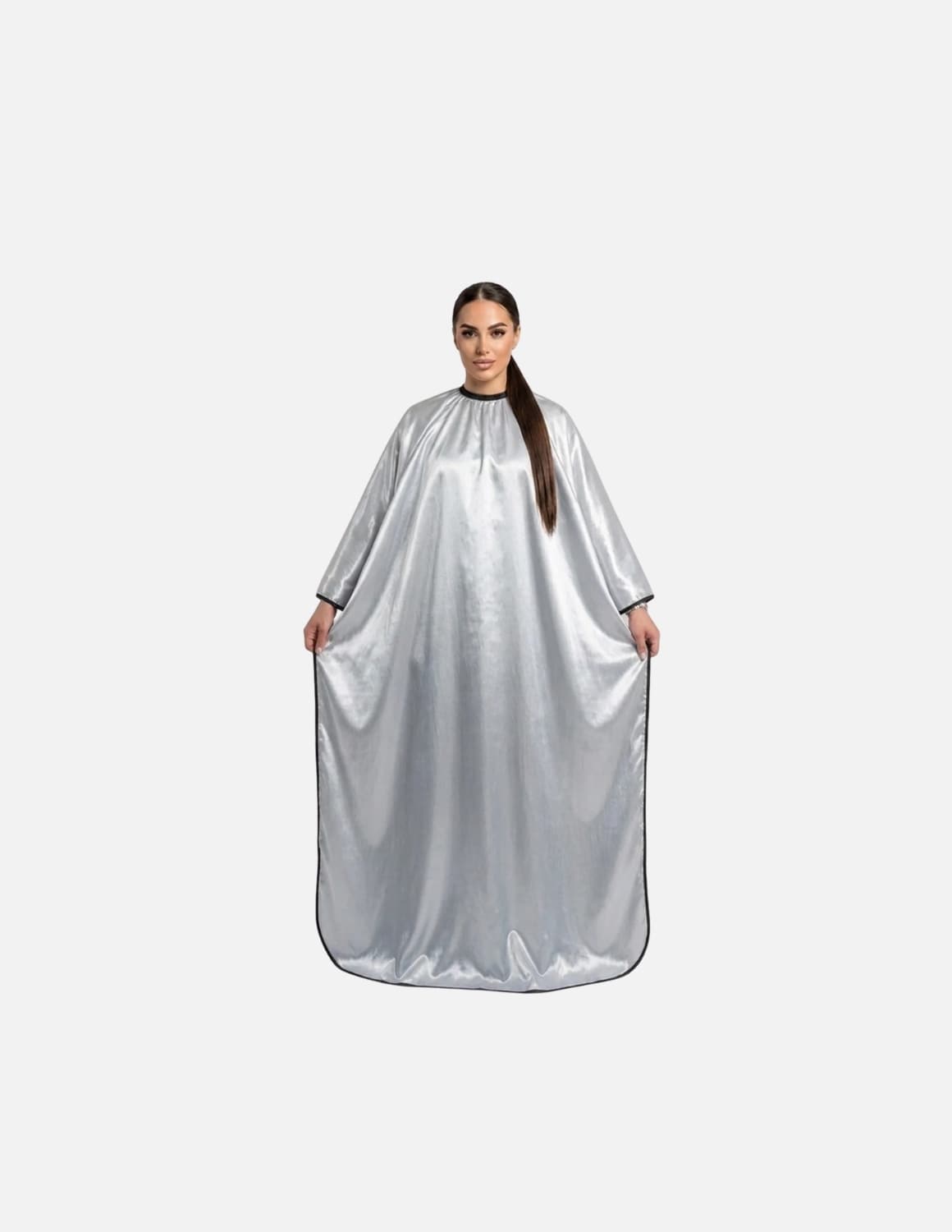 Premium satinbarberkappa med kimono-armöppningar och sidenlook – Utan logotyp | Frisörkappa & satinkappa