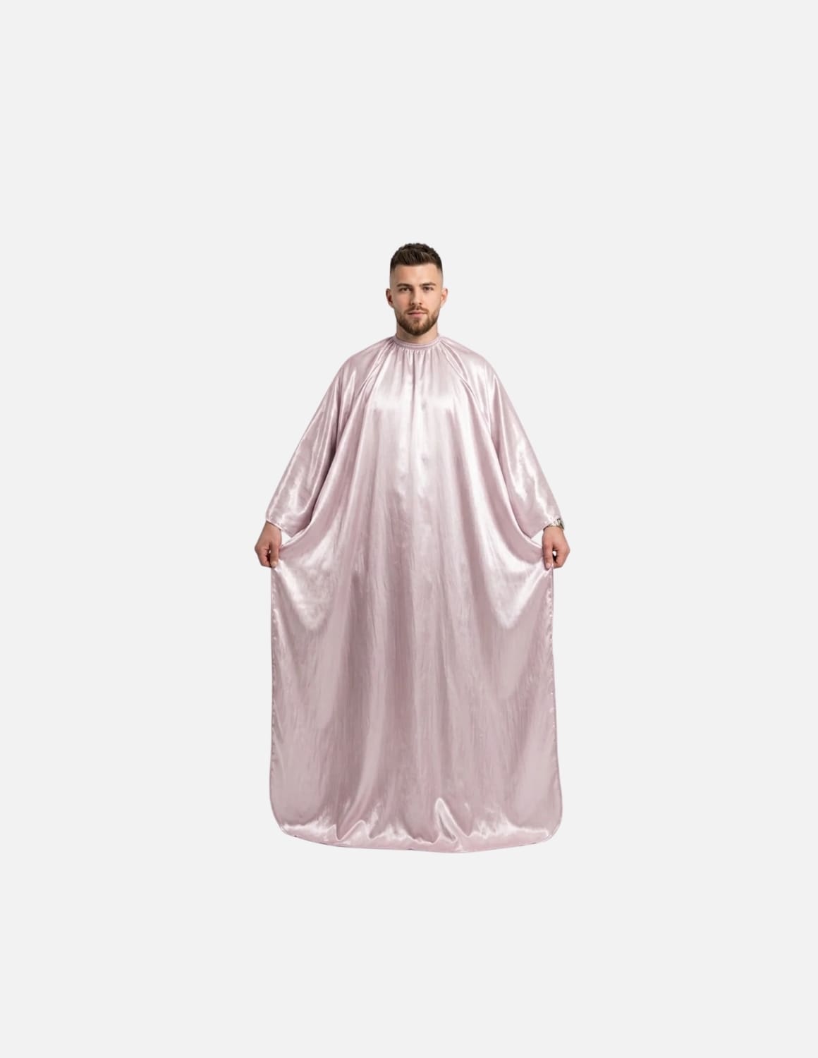 Premium satinbarberkappa med kimono-armöppningar och sidenlook – Utan logotyp | Frisörkappa & satinkappa