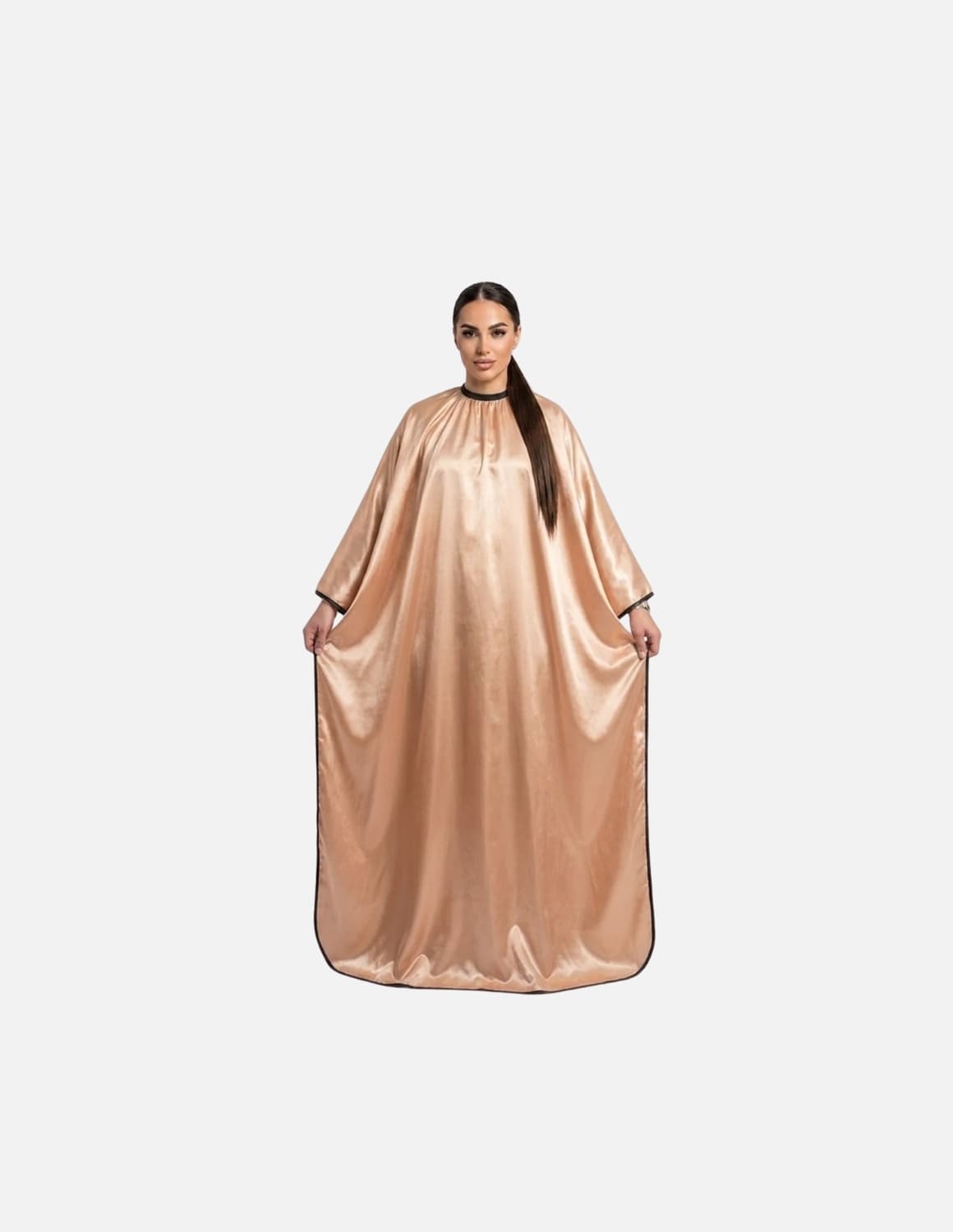 Premium satinbarberkappa med kimono-armöppningar och sidenlook – Utan logotyp | Frisörkappa & satinkappa