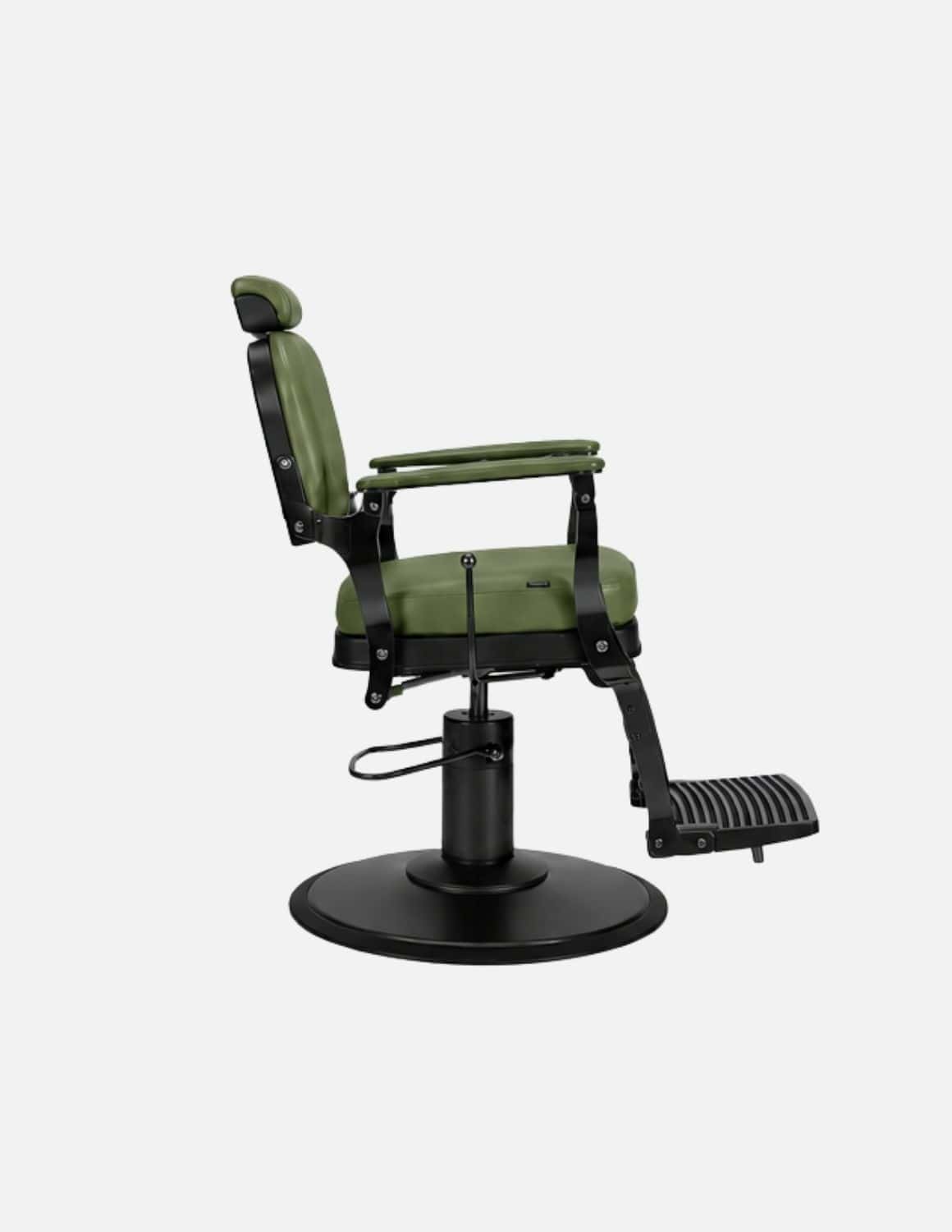Atelier — Green Professional Barber Chair | Minimalist Barber Chair with Reclining Backrest for Modern Barbershops & Hair Salons | Chrome or Matte Black Frame