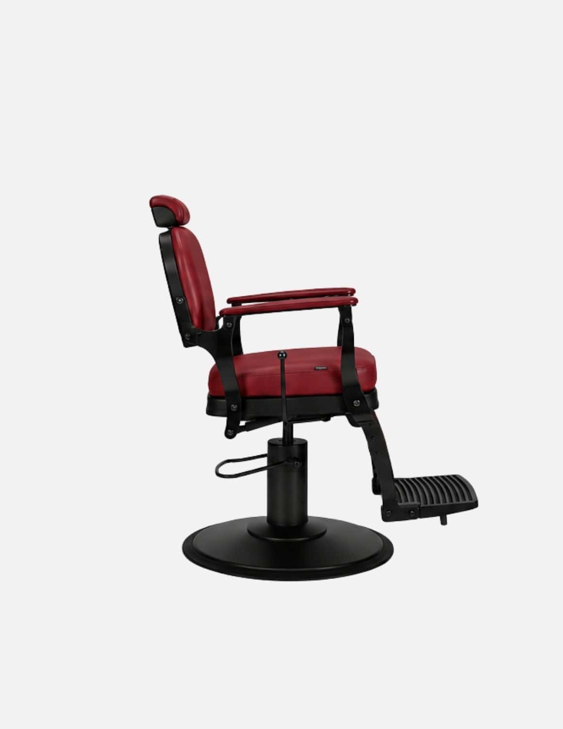 Atelier — Dark Red Barber Chair & Salon Chair in a Minimalist Design | Slim Hydraulic Chair with Reclining Backrest — Chrome or Matte Black Frame