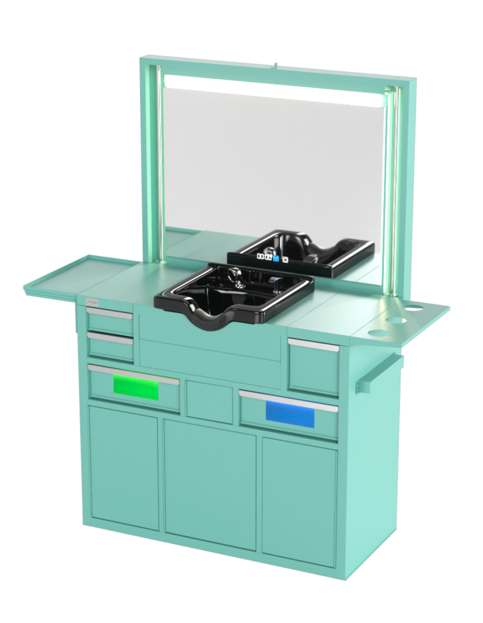 Berber Çalışma İstasyonu "Evolution" – Altı Renk Seçeneği ile Çalışma Alanı – UV Dezenfeksiyon – Lavabo – LED Işıklı Ayna