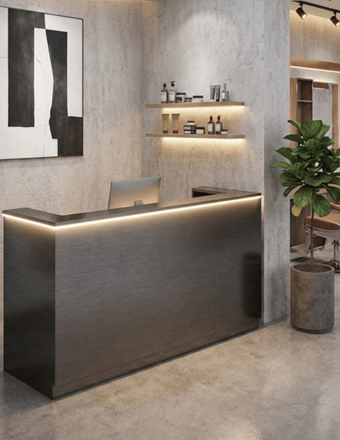 EDGE — Minimalist Aluminum Reception Counter for Barbershops, Hair Salons & Beauty Studios | Reception Desk & Reception Counter with LED Lighting & Logo Lettering