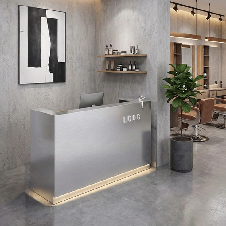 EDGE — Minimalist Aluminum Reception Counter for Barbershops, Hair Salons & Beauty Studios | Reception Desk & Reception Counter with LED Lighting & Logo Lettering