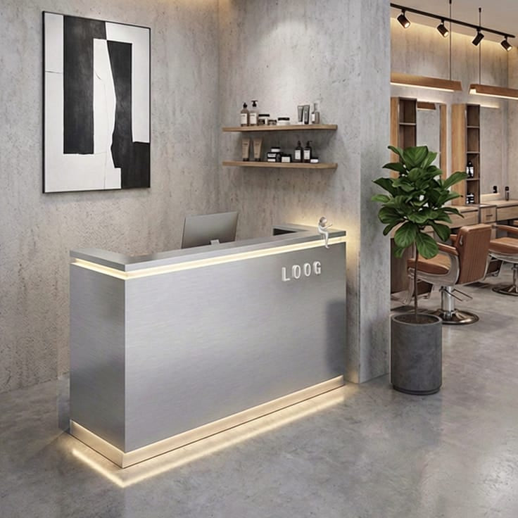 EDGE — Minimalist Aluminum Reception Counter for Barbershops, Hair Salons & Beauty Studios | Reception Desk & Reception Counter with LED Lighting & Logo Lettering