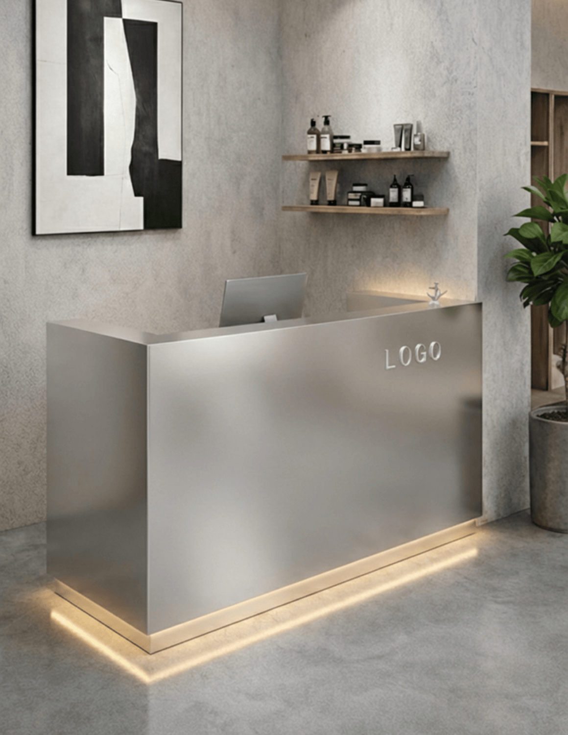 EDGE — Minimalist Aluminum Reception Counter for Barbershops, Hair Salons & Beauty Studios | Reception Desk & Reception Counter with LED Lighting & Logo Lettering