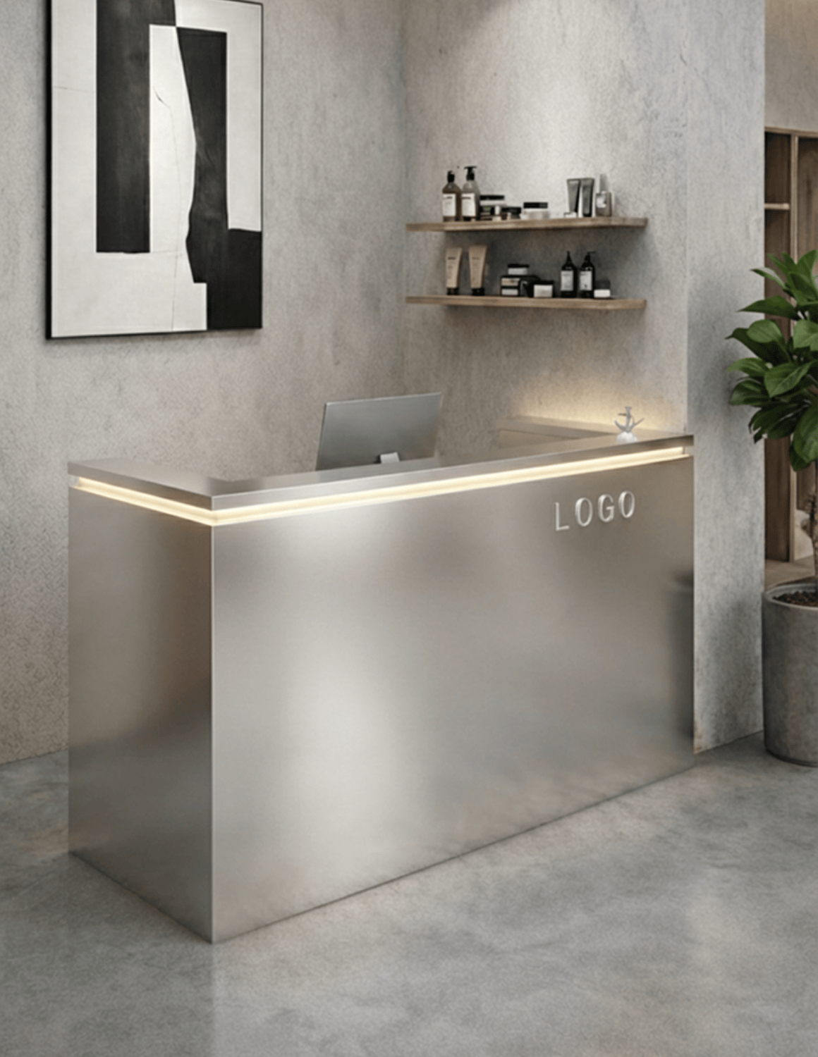 EDGE — Minimalist Aluminum Reception Counter for Barbershops, Hair Salons & Beauty Studios | Reception Desk & Reception Counter with LED Lighting & Logo Lettering