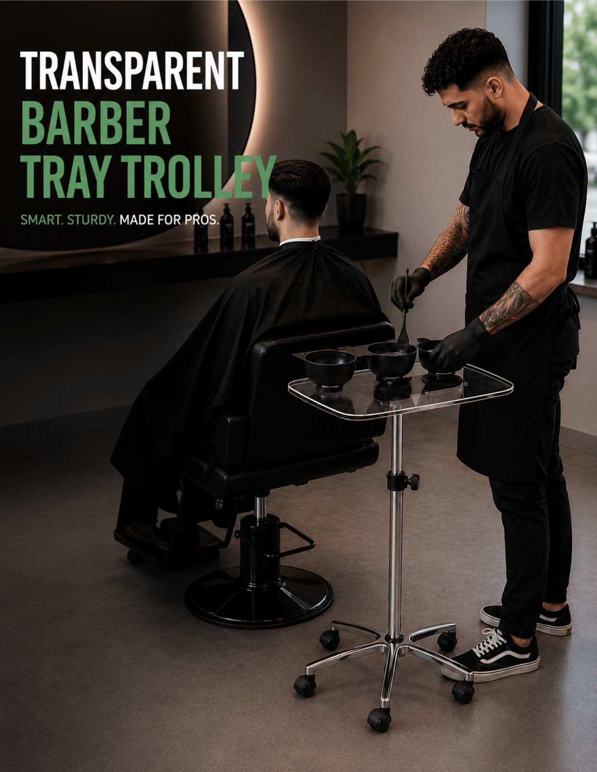 Transparent Tray Trolley for Barbers & Hairdressers – Height Adjustable with Mixing Bowls and Aluminum Base