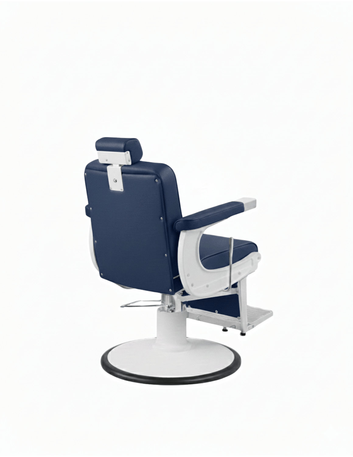 New School Barberstuhl in Marineblau mit weißem Rahmen – moderner Friseur- und Barberstuhl mit stilvollem Design und hohem Sitzkomfort für den Salon.