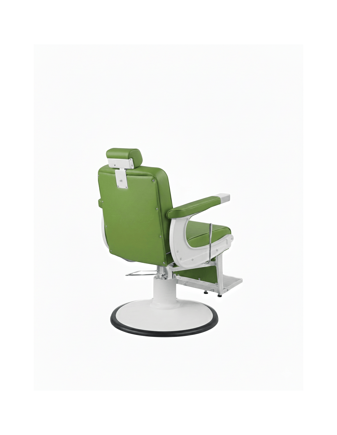 New School Barberstuhl in Grün mit weißem Rahmen – moderner Friseur- und Barberstuhl mit elegantem Design und hohem Sitzkomfort für professionelle Salons.