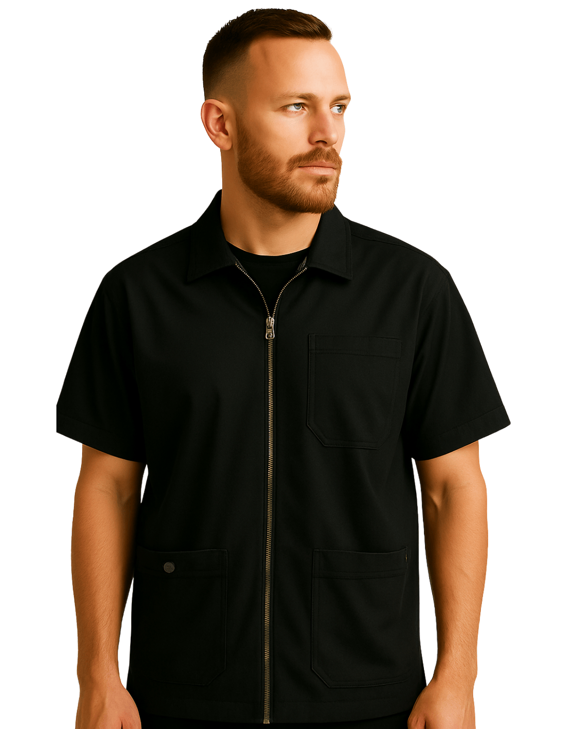 Krátký Barber Zipper Coat – Profesionální kadeřnická uniforma s logem