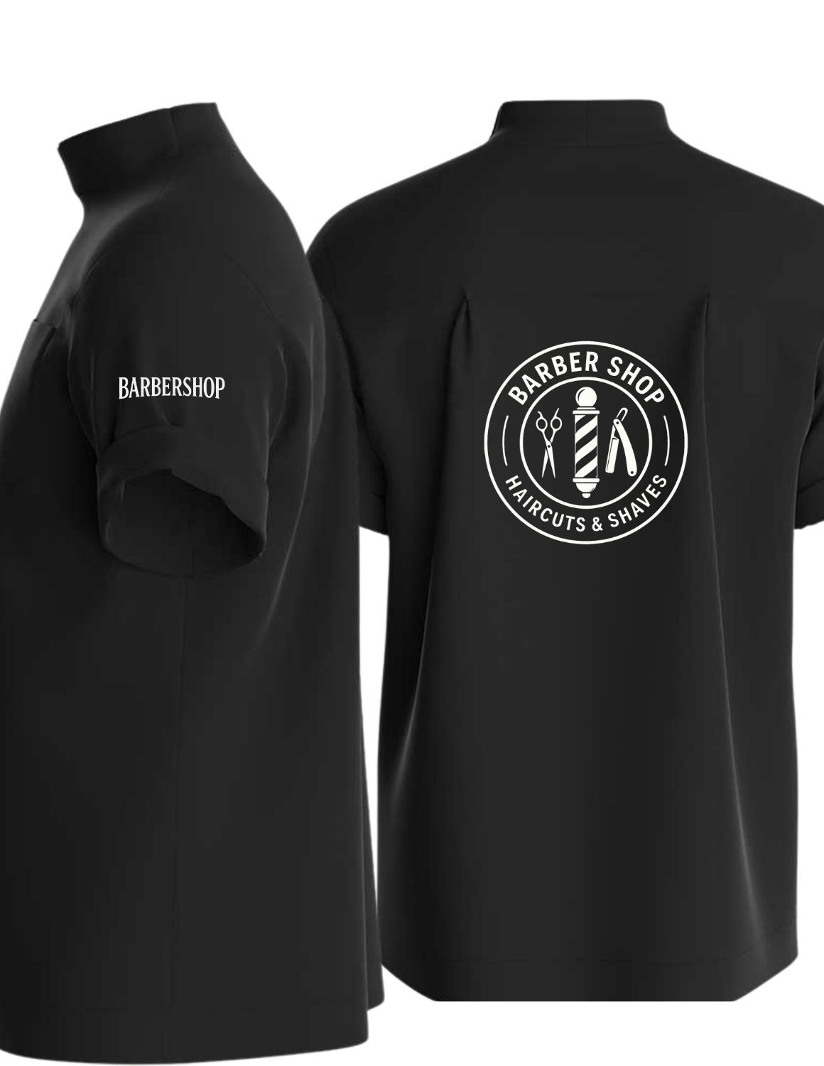 Kurzarm Barberjacke mit seitlichen Knöpfen – Uniform-Oberteil für Friseure & Barber, mit Logo