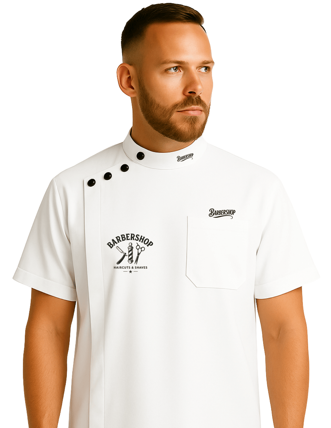 Kurzarm Barberjacke mit seitlichen Knöpfen – Uniform-Oberteil für Friseure & Barber, mit Logo