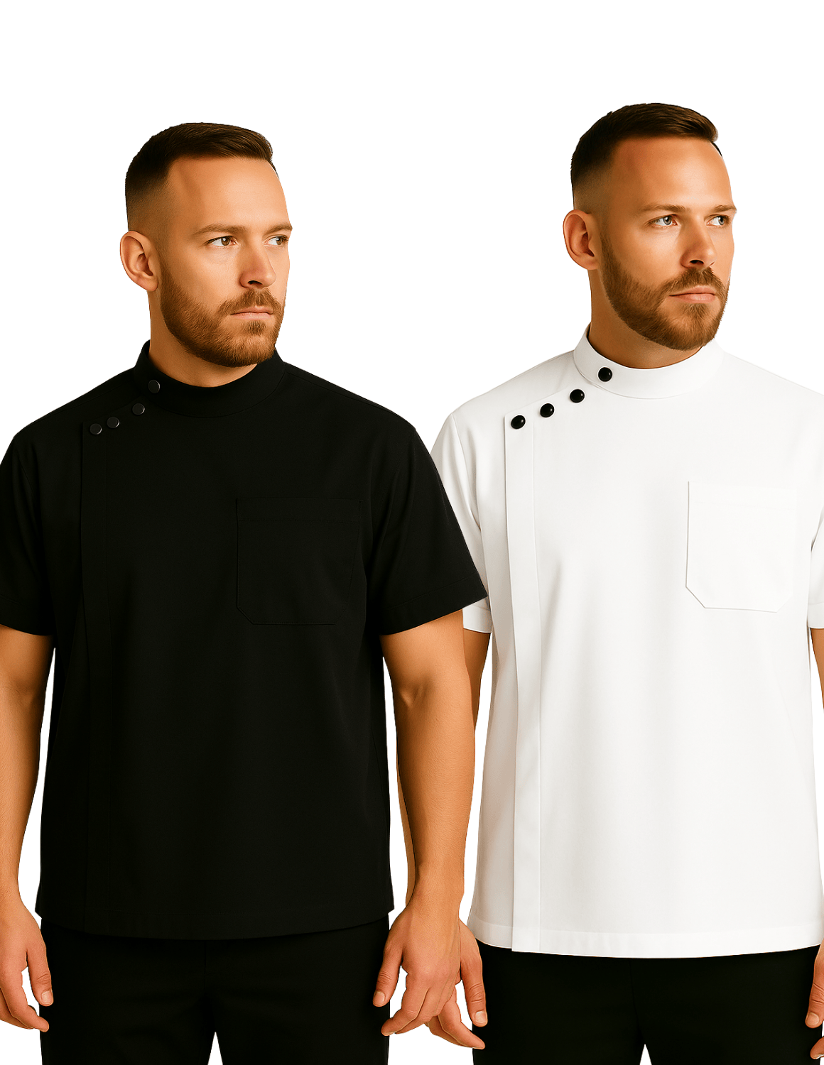 Kurzarm Barberjacke mit seitlichen Knöpfen – Uniform-Oberteil für Friseure & Barber, mit Logo