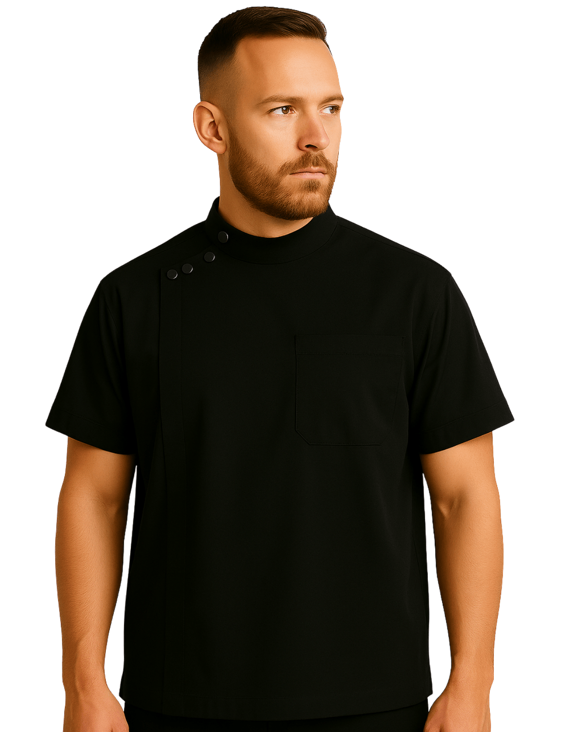 Kurzarm Barberjacke mit seitlichen Knöpfen – Uniform-Oberteil für Friseure & Barber, mit Logo