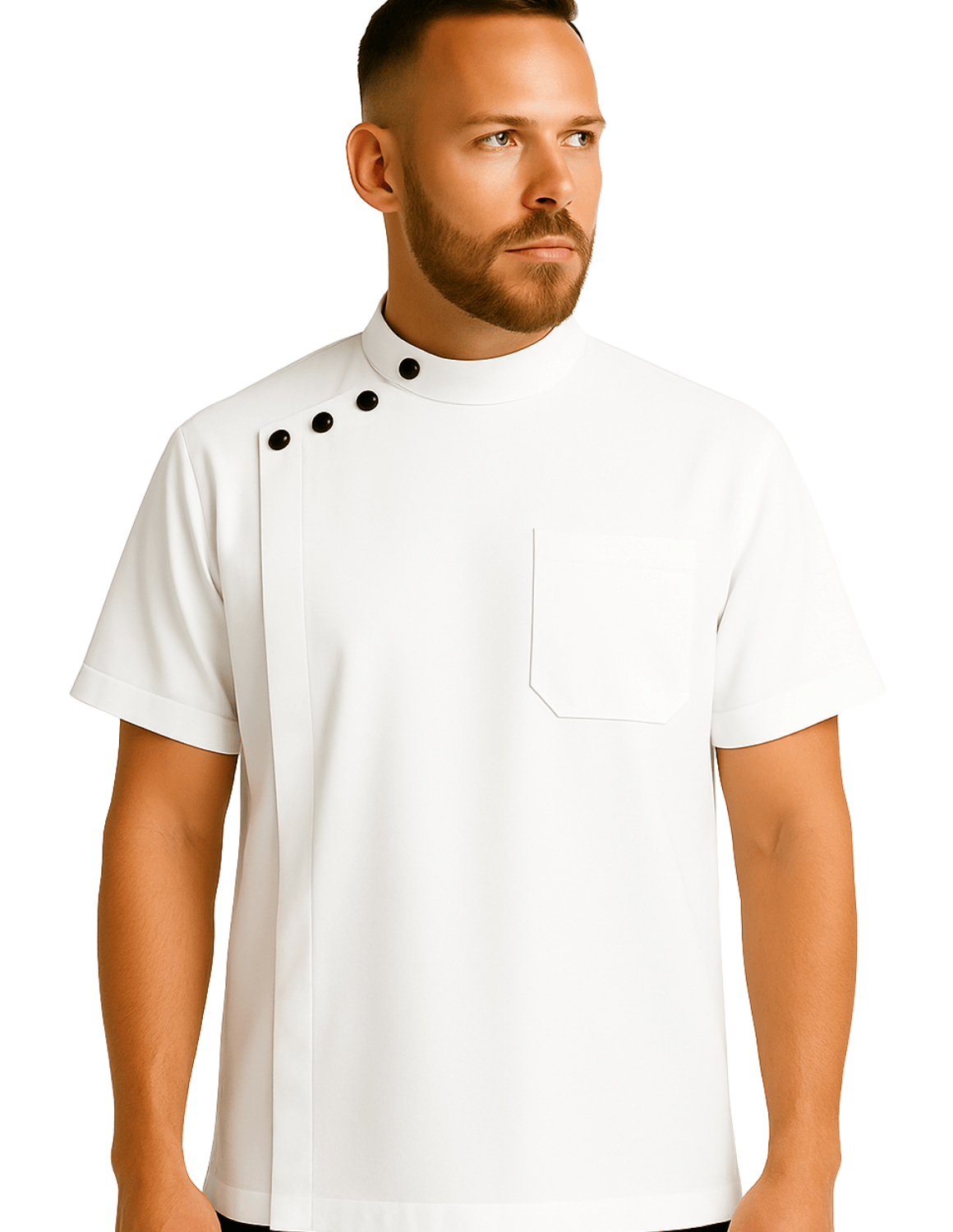 Kurzarm Barberjacke mit seitlichen Knöpfen – Uniform-Oberteil für Friseure & Barber, mit Logo
