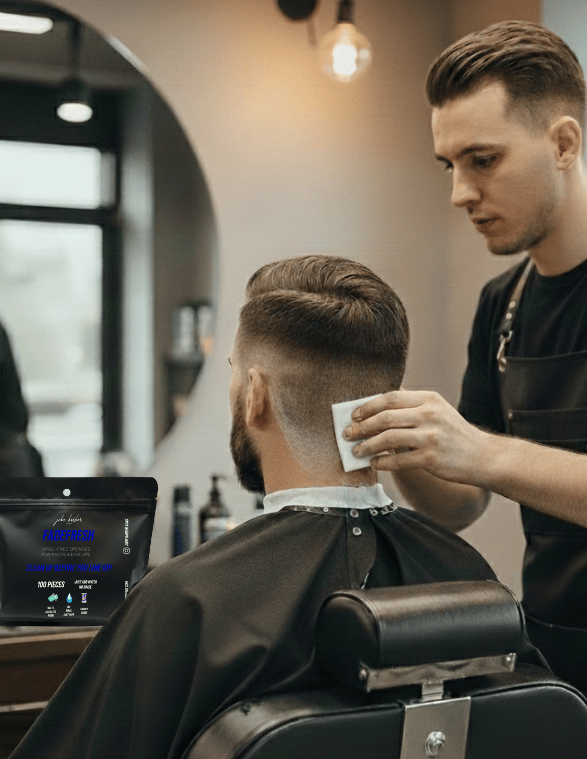FadeFresh Barber Fade & Line Up Shampoo-Tücher – 100 Stück pro Packung, praktische Reinigungstücher für Haarlinie und Fade-Bereich, ohne Nachspülen oder Auswaschen.