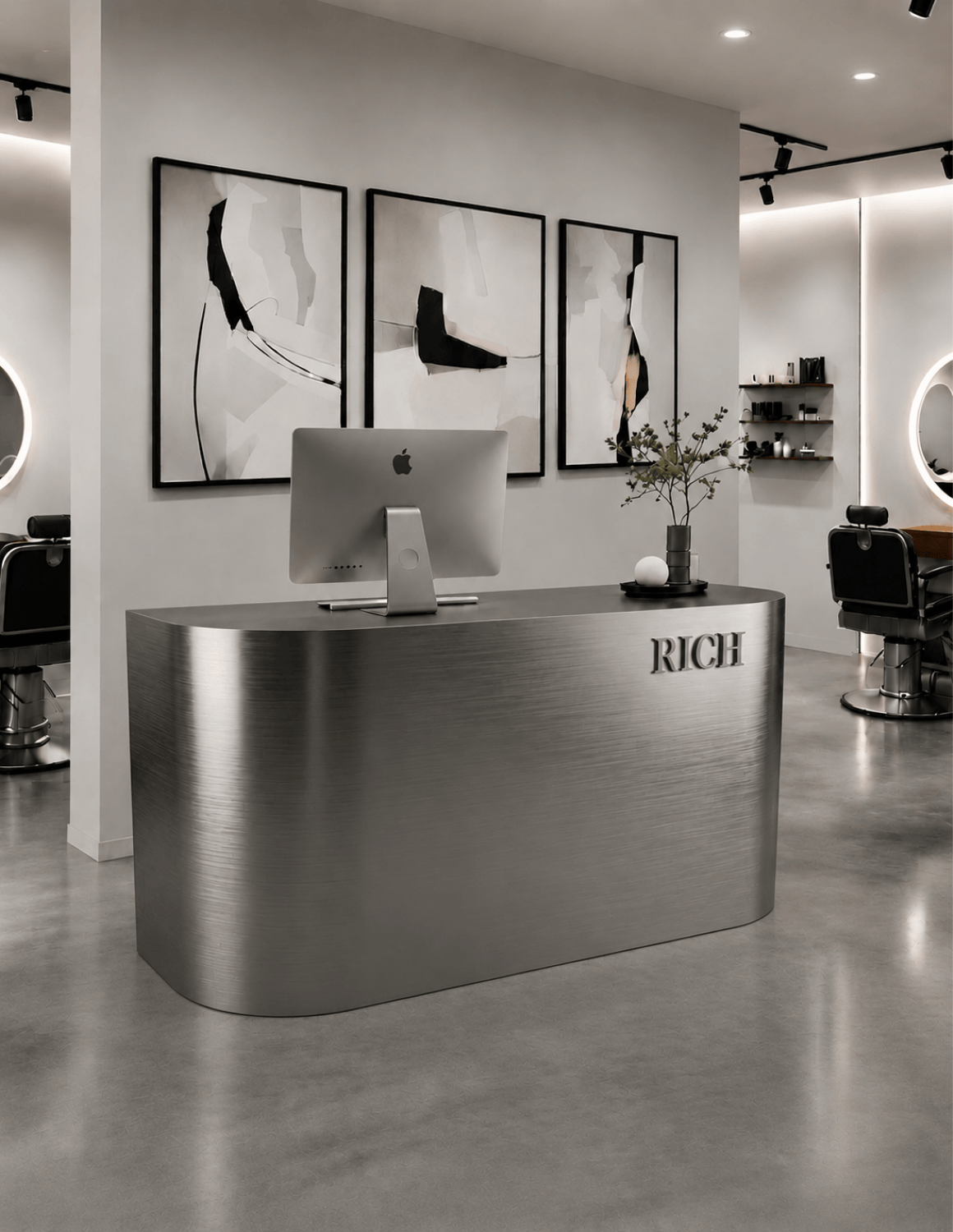 CURVE — Minimalistische Empfangstheke aus Aluminium für Barbershops, Friseursalons & Beauty-Studios | Empfangstresen & Rezeptionstheke mit LED-Beleuchtung & Logo-Option (Copy)