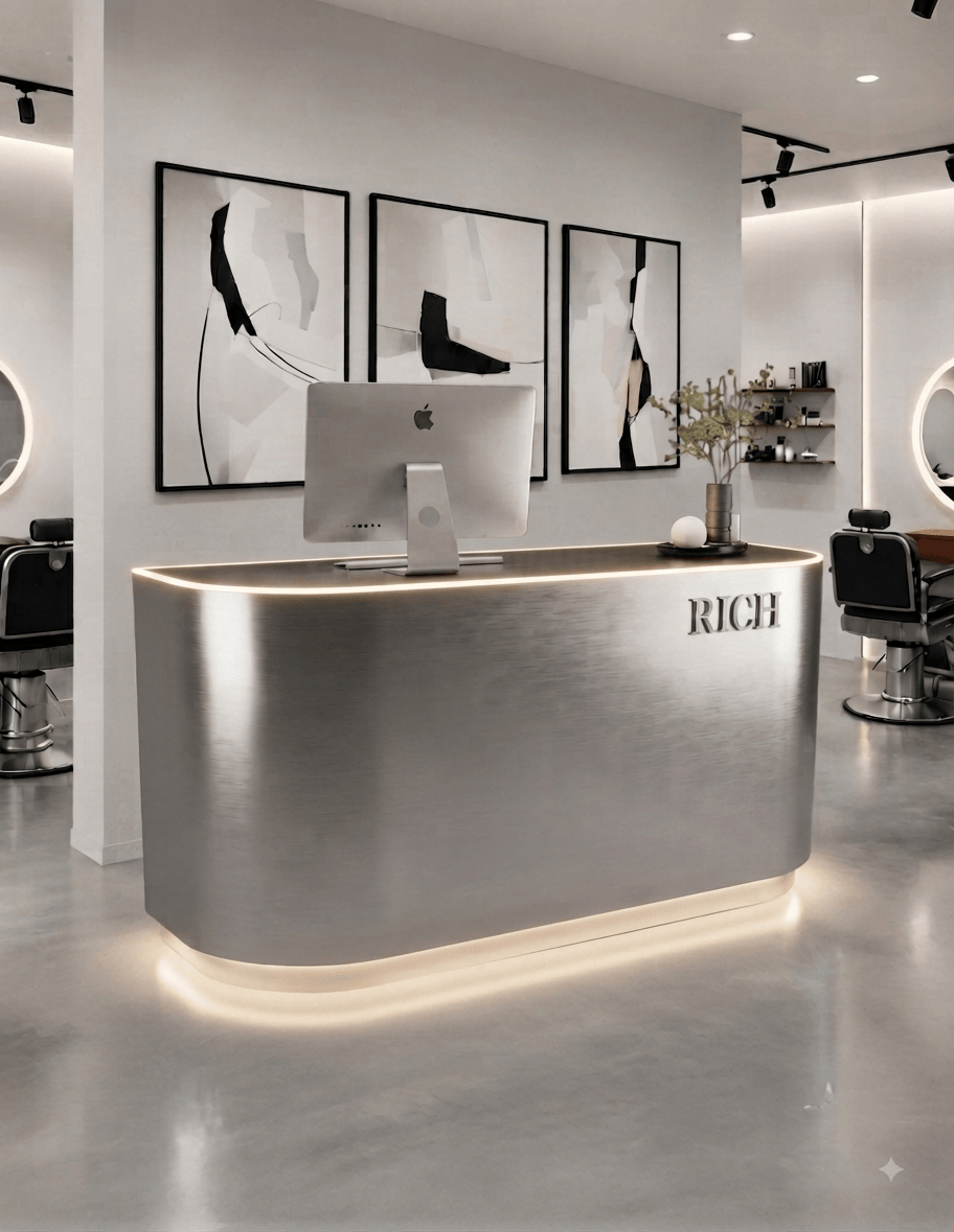 CURVE — Minimalistische Empfangstheke aus Aluminium für Barbershops, Friseursalons & Beauty-Studios | Empfangstresen & Rezeptionstheke mit LED-Beleuchtung & Logo-Option (Copy)
