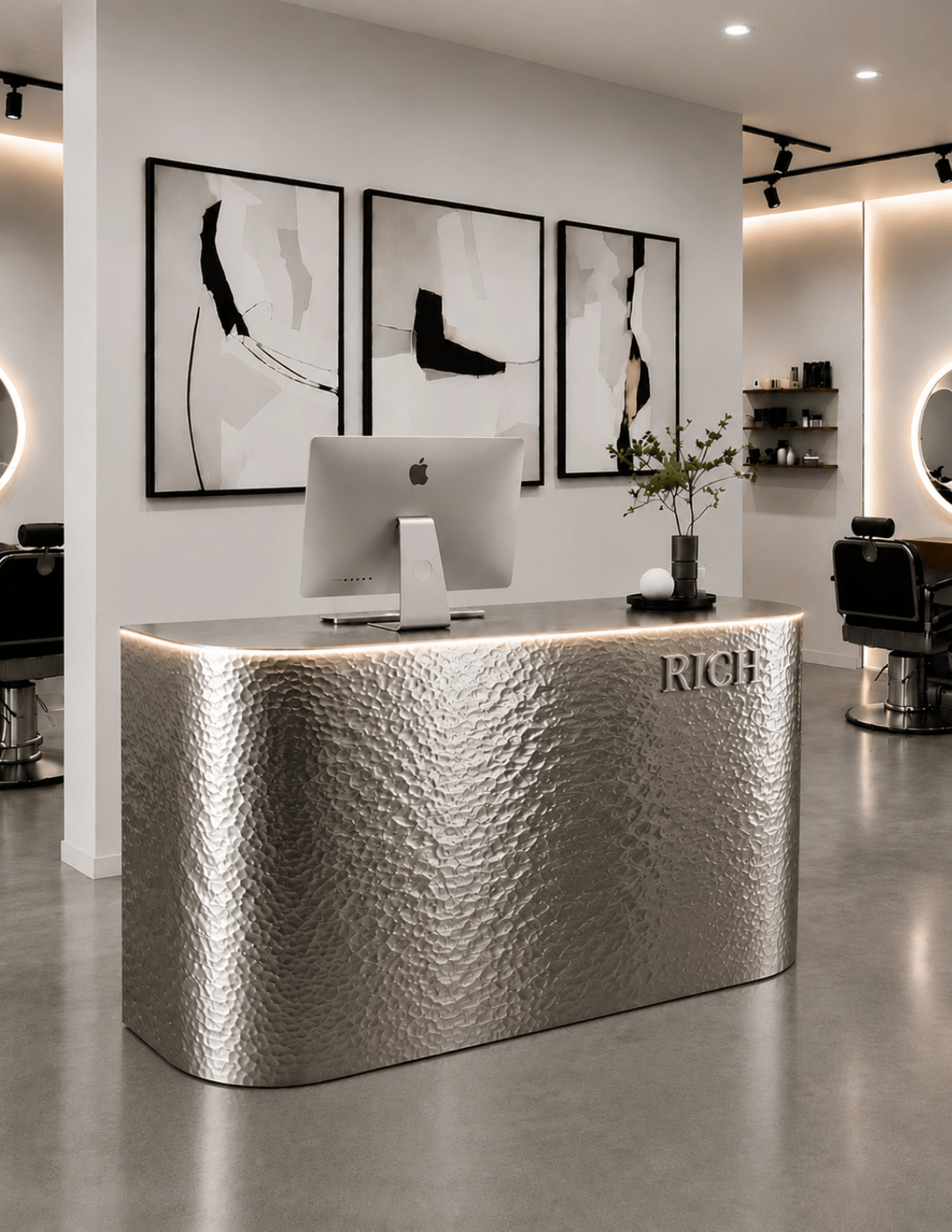 CURVE — Minimalistische Empfangstheke aus Aluminium für Barbershops, Friseursalons & Beauty-Studios | Empfangstresen & Rezeptionstheke mit LED-Beleuchtung & Logo-Option (Copy)