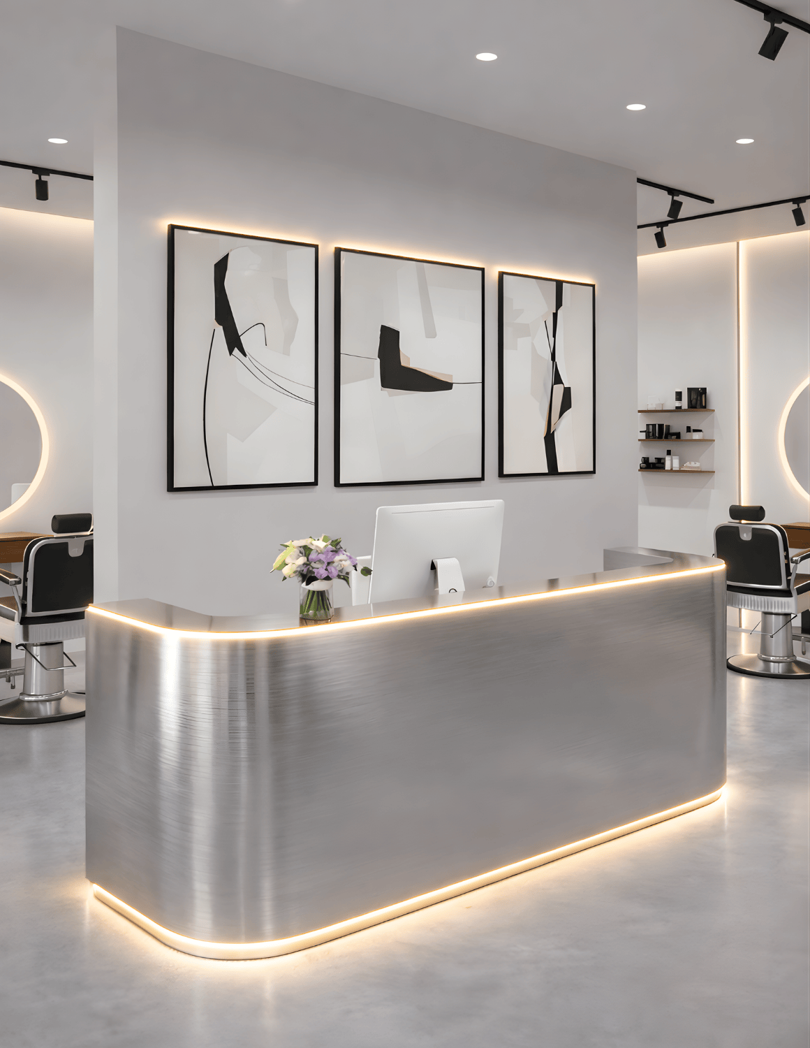 CURVE — Minimalistische Empfangstheke aus Aluminium für Barbershops, Friseursalons & Beauty-Studios | Empfangstresen & Rezeptionstheke mit LED-Beleuchtung & Logo-Option (Copy)
