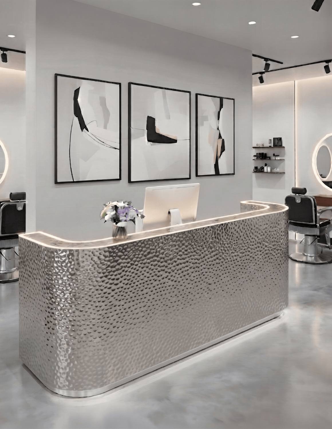 CURVE — Minimalistische Empfangstheke aus Aluminium für Barbershops, Friseursalons & Beauty-Studios | Empfangstresen & Rezeptionstheke mit LED-Beleuchtung & Logo-Option (Copy)