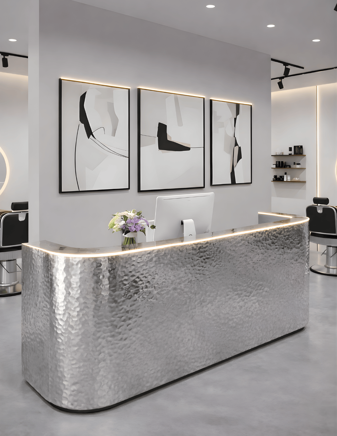 CURVE — Minimalistische Empfangstheke aus Aluminium für Barbershops, Friseursalons & Beauty-Studios | Empfangstresen & Rezeptionstheke mit LED-Beleuchtung & Logo-Option (Copy)