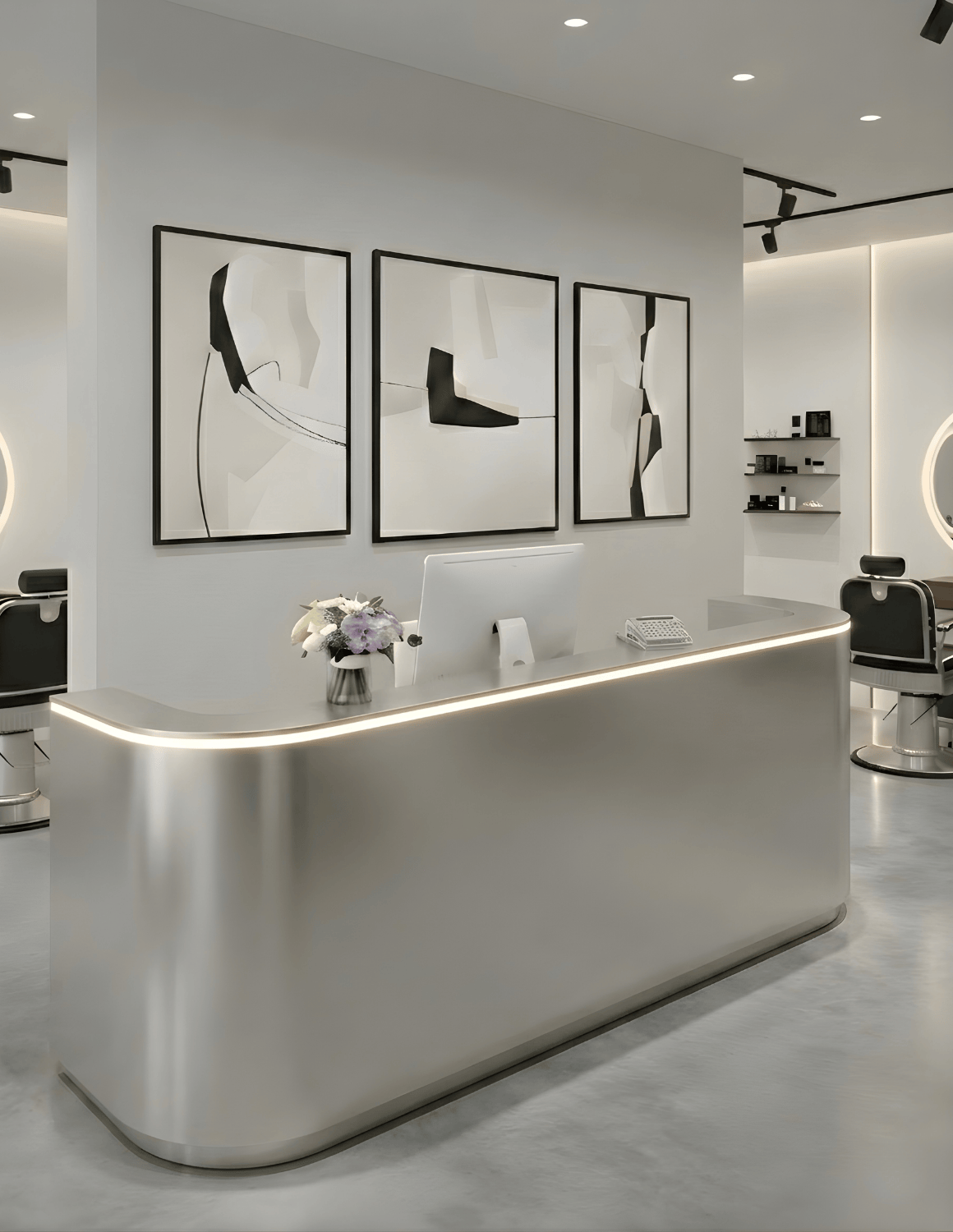 CURVE — Minimalistische Empfangstheke aus Aluminium für Barbershops, Friseursalons & Beauty-Studios | Empfangstresen & Rezeptionstheke mit LED-Beleuchtung & Logo-Option (Copy)