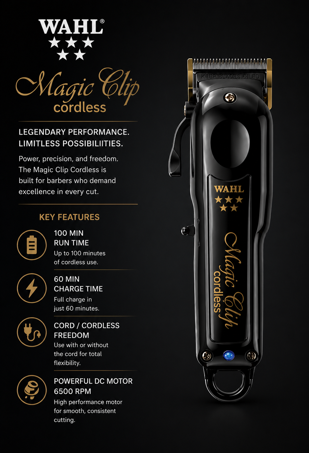 WAHL Professional Magic Clip Clipper Cordless BLACK Kabelloser professioneller Haarschneider