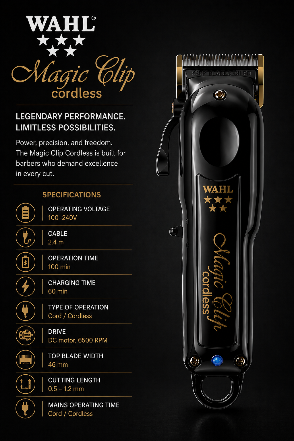 WAHL Professional Magic Clip Clipper Cordless BLACK Kabelloser professioneller Haarschneider