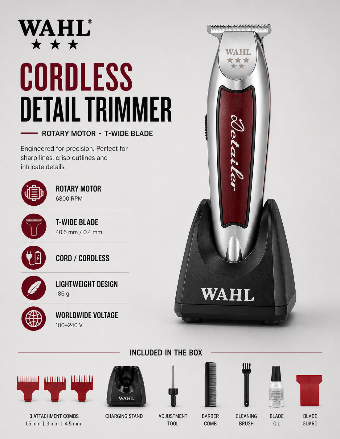 WAHL Cordless Detailer Trimmer Kabelloser professioneller Konturen-Haarschneider