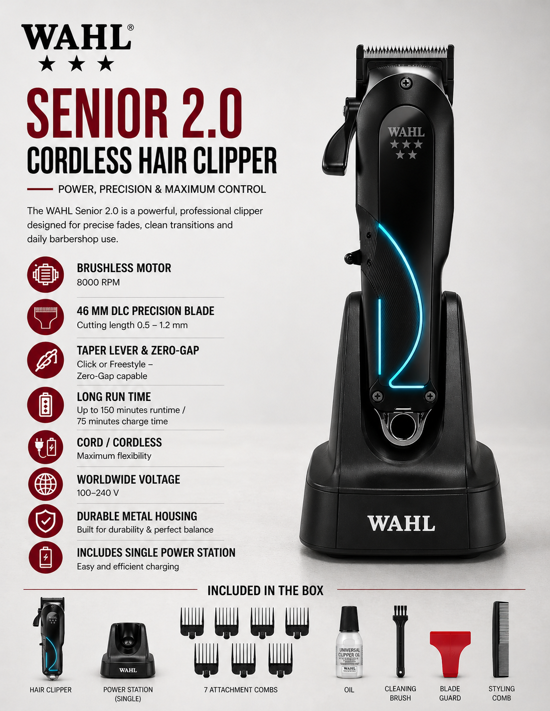 WAHL Senior 2.0 Clipper Cord/Cordless Kabel- und Akkubetriebener professioneller Haarschneider