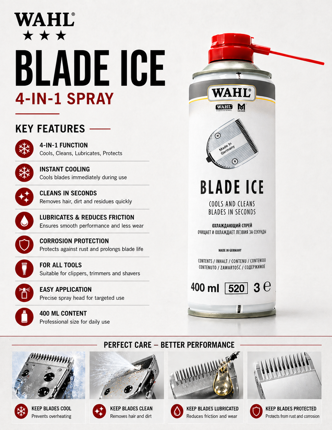 WAHL Blade Ice Clipper Cleaner Professionelles Kühl-, Reinigungs- und Schmiermittel Spray (400 ml)