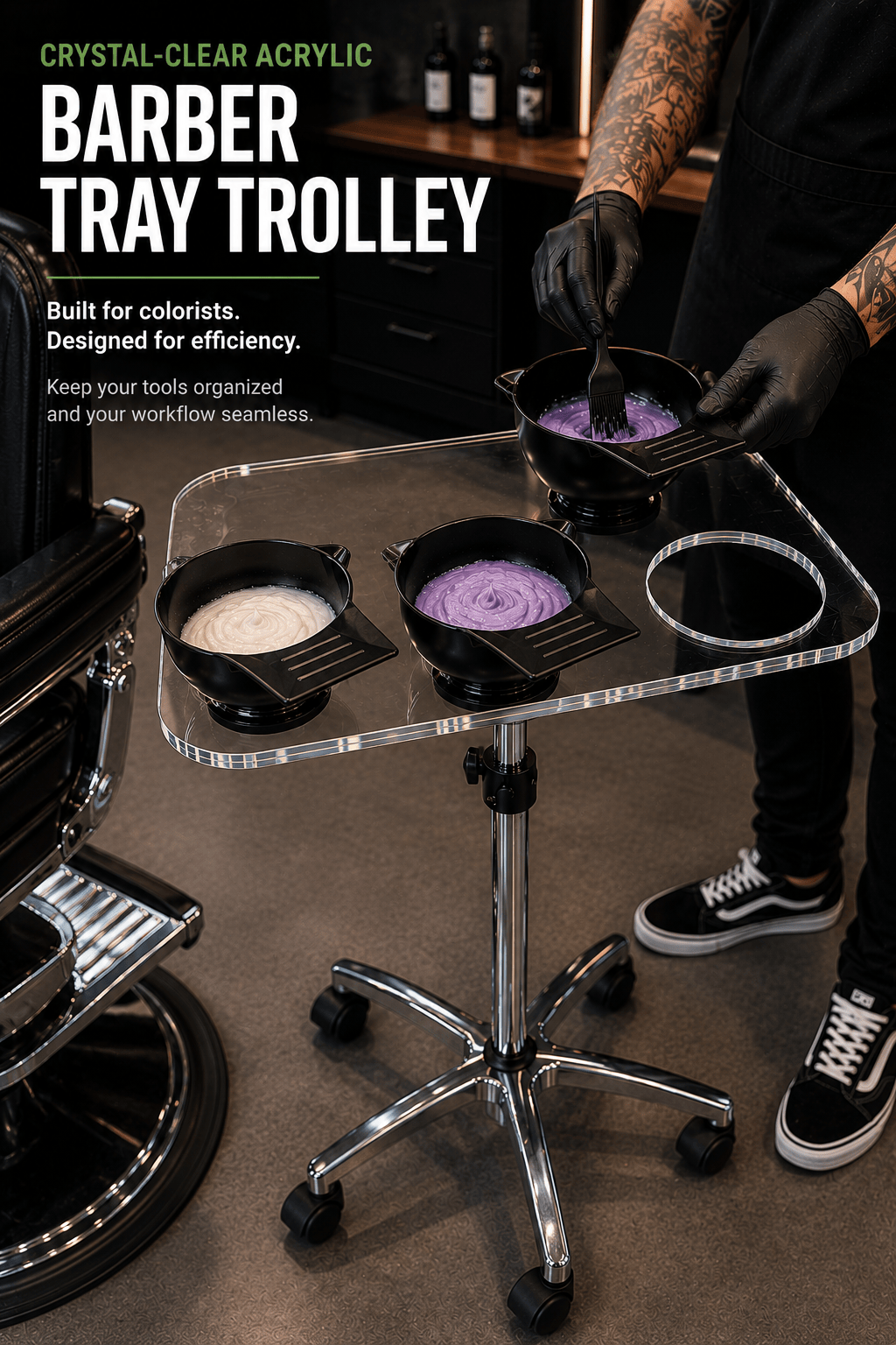 Transparent Tray Trolley for Barbers & Hairdressers – Height Adjustable with Mixing Bowls and Aluminum Base