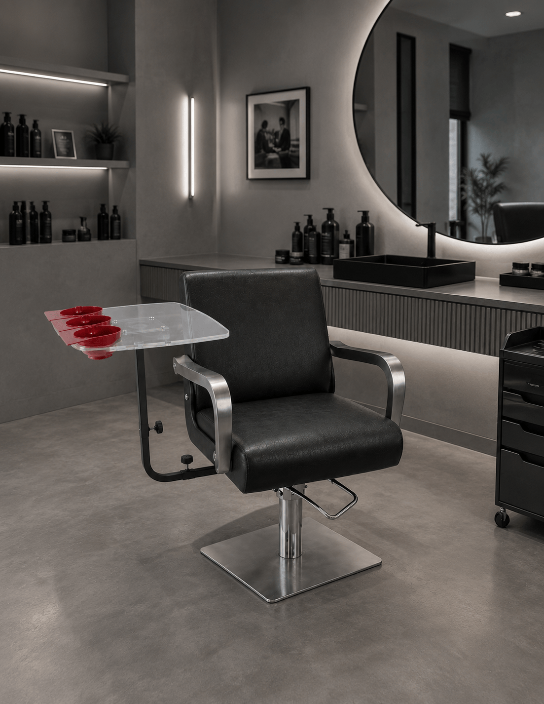 Transparent Rotating Tray for Barber & Salon Chairs – Floating Tray Shelf with Three Mixing Bowls